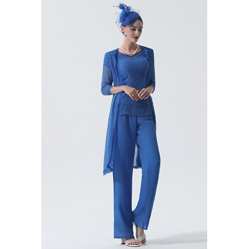 

Jumpsuits Mother of the Bride Dress Elegant V Neck Floor Length Chiffon Lace 3/4 Length Sleeve with Sequin 2022