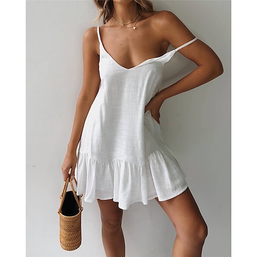 

Women's Strap Dress Short Mini Dress White Yellow Sleeveless Solid Color Backless Summer V Neck Hot Casual Sexy 2022 S M L XL