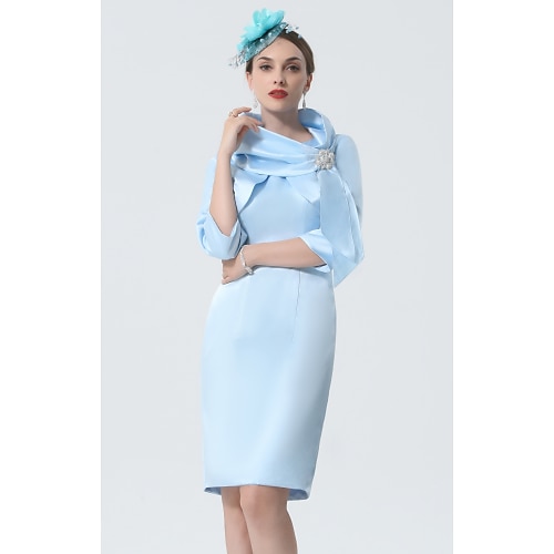 

Sheath / Column Mother of the Bride Dress Elegant High Neck Knee Length Lace Tulle 3/4 Length Sleeve with Flower 2022