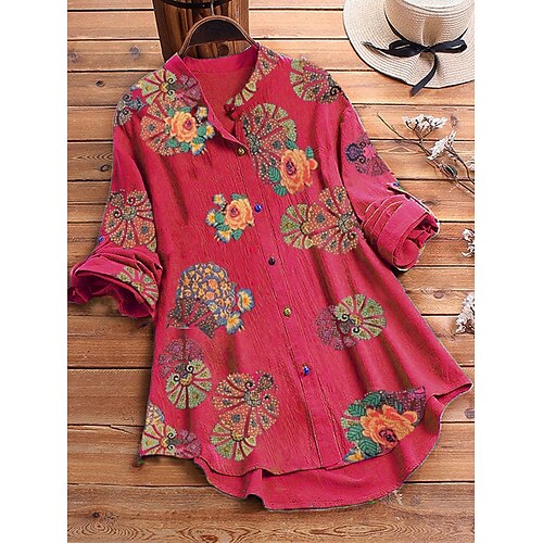 

Women's Blouse Shirt Tunic Floral Flower Long Sleeve Button Print Standing Collar Tops Loose Basic Basic Top Blue Red Yellow