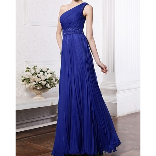 

A-Line Evening Dresses Glittering Dress Wedding Guest Floor Length Sleeveless One Shoulder Chiffon with Pleats Beading 2022 / Formal Evening