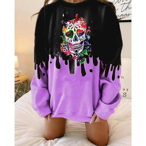 

Women's Hoodie Sweatshirt Pullover Basic Oversized Green Blue Purple Skull Daily Round Neck Long Sleeve S M L XL XXL