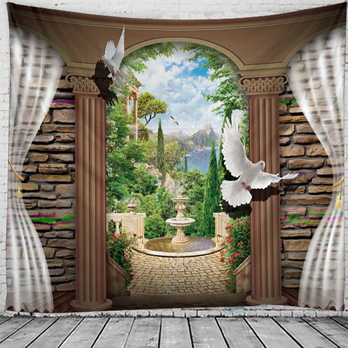 ikkuna maisema seinä kuvakudos taide sisustus huopa verho piknik-pöytäliina roikkuu kodin makuuhuone olohuone asuntolan sisustus polyesteri puutarhan suihkulähde eläin