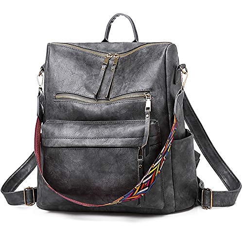 

women backpack purse vintage washed leather rucksack college convertible shoulder bag lightweight casual travel daypack large capacity satchel, grey