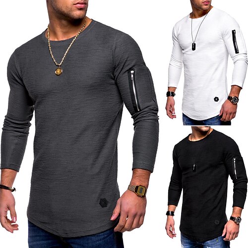 Men's T shirt Shirt non-printing Solid Colored Round Neck Daily Weekend Long Sleeve Tops Basic Black Army Green