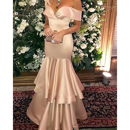 

Mermaid / Trumpet Minimalist Sexy Wedding Guest Formal Evening Dress Off Shoulder Sleeveless Floor Length Satin with Tier 2022