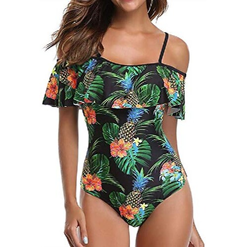 

Women's One Piece Swimsuit Ruffle Bodysuit Bathing Suit Floral Swimwear White / Green Palm green Breathable Quick Dry Lightweight Surfing Beach Water Sports