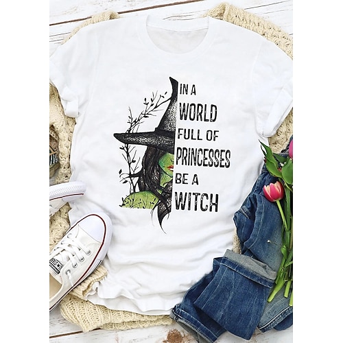 

Women's T shirt Tee White Graphic Letter Print Short Sleeve Halloween Daily Basic Halloween Round Neck Regular 100% Cotton Witch S