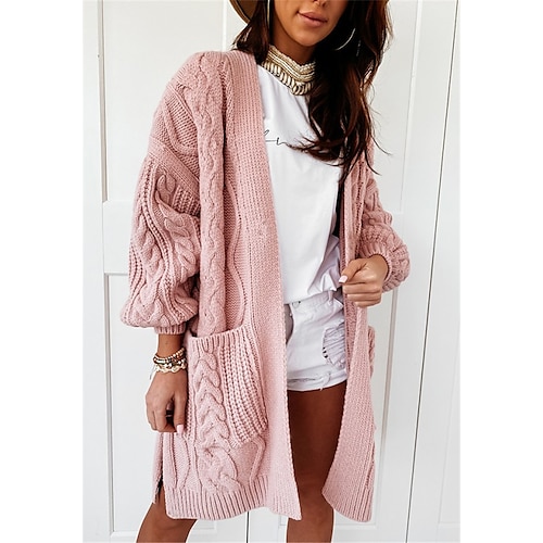 

Women's Cardigan Hollow Out Knitted Plain Solid Color Basic Acrylic Fibers Long Sleeve Sweater Cardigans V Neck Fall Winter Blushing Pink Gray Beige