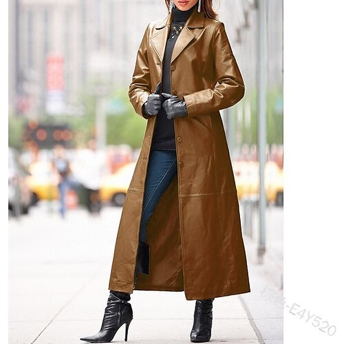 

Women's Trench Coat Daily Work Fall Winter Maxi Coat Shirt Collar Regular Fit Vintage Jacket Long Sleeve Solid Colored Classic Blue Wine Black / PU