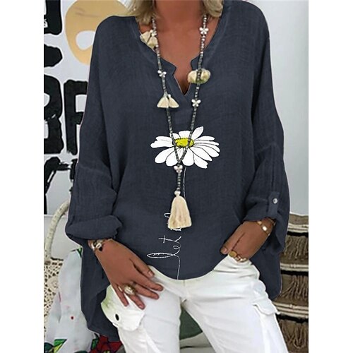 

Women's Blouse Shirt Tunic Purple Pink Light Green Floral Flower Print Long Sleeve Daily Basic V Neck Loose Fit M