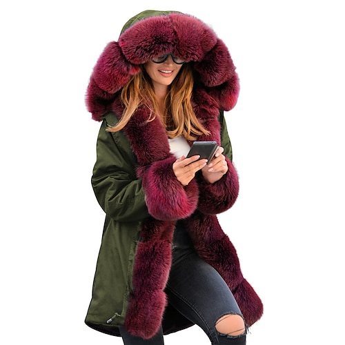 

Women's Parka Casual Fall Winter Long Coat Regular Fit Windproof Warm Classic Timeless Jacket Long Sleeve Camouflage Hooded Grey camouflage Gray fur collar Cotton