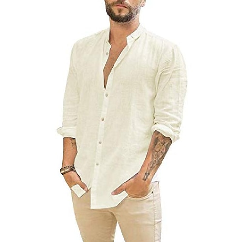 

Men's Shirt Solid Color Collar Street Beach Long Sleeve Tops Cotton Lightweight Casual Breathable Henley Blue White Fruit Green / Wet and Dry Cleaning/Summer/Vacation