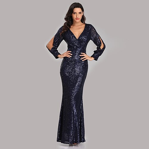 

Mermaid / Trumpet Sparkle Sexy Party Wear Formal Evening Dress V Neck Long Sleeve Floor Length Sequined with Sequin 2022