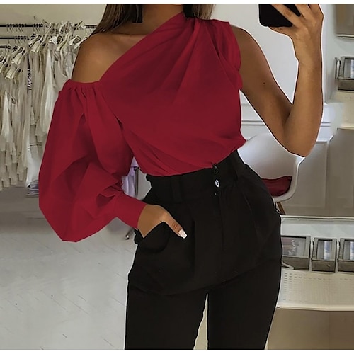 

Women's Blouse Shirt Peasant Blouse Red White Black Solid Colored Patchwork Long Sleeve Daily Work Sexy Off Shoulder Regular Lantern Sleeve S