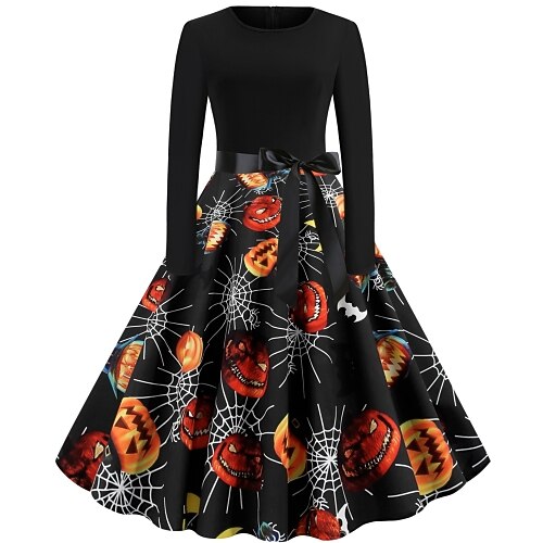

Women's Halloween A Line Dress Knee Length Dress Black Blue Wine Long Sleeve Pumpkin Spider Print Pumpkin Bow Print Fall Winter Crew Neck Hot Vintage Slim 2022 S M L XL XXL