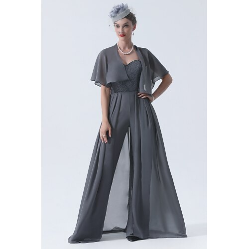 

Pantsuit Mother of the Bride Dress Elegant & Luxurious Sweetheart Neckline Sweep / Brush Train Chiffon Lace Short Sleeve Shawls with Pleats Appliques 2022