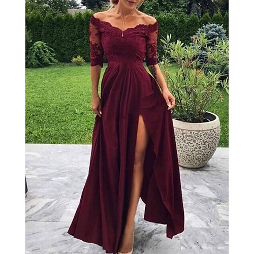 

A-Line Minimalist Sexy Wedding Guest Formal Evening Dress Off Shoulder Half Sleeve Floor Length Charmeuse with Pleats Slit Appliques 2022