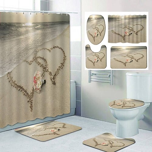 

Beach Love Heart Pattern Printing Bathroom Shower Curtain Set Polyester Bathtub Curtain and Mats 4pcs