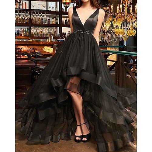 

A-Line Prom Dresses Little Black Dress Dress Engagement Asymmetrical Sleeveless V Neck Tulle with Ruffles 2022 / Formal Evening