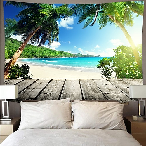 

Wall Tapestry Art Deco Blanket Curtain Picnic Table Cloth Hanging Home Bedroom Living Room Dormitory Decoration Polyester Fiber Beach Series Coconut Tree Blue Sea White Cloud Blue Sky