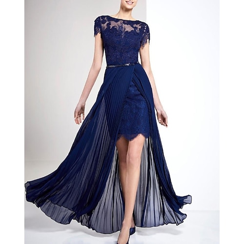 

A-Line Evening Dresses Beautiful Back Dress Wedding Guest Floor Length Short Sleeve Illusion Neck Chiffon with Sash / Ribbon Pleats Overskirt 2022 / Formal Evening