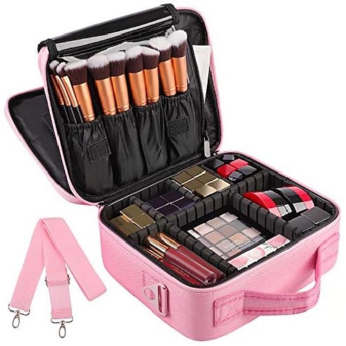 

2-layers travel makeup bag, portable train cosmetic case organizer with mirror shoulder strap adjustable dividers for cosmetics makeup brushes toiletry jewelry digital accessories