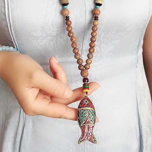 Women's Pendant Necklace Beaded Necklace Drop Fish Unique Design Ethnic Fashion Vintage Wooden Resin Alloy Brown 80 cm Necklace Jewelry 1pc For Street Sport Gift Prom Festival / Long Necklace