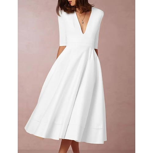 

Women's Party Dress Swing Dress Midi Dress White Half Sleeve Pure Color Ruched Fall Spring Autumn Deep V Hot Party Wedding Guest S M L XL XXL 3XL