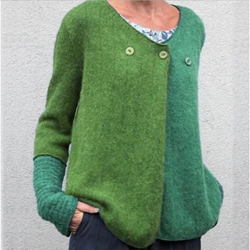 

Women's Cardigan Knitted Button Color Block Stylish Basic Casual Long Sleeve Loose Sweater Cardigans V Neck Fall Winter Green Blue Purple / Going out