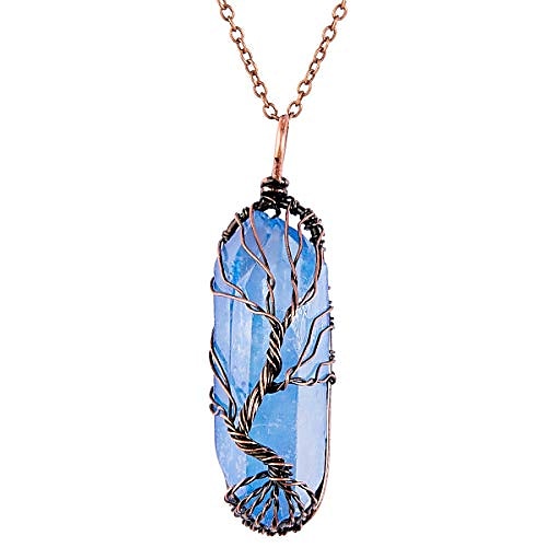 

tree of life 7 chakra gemstone copper wire wrap irregular clear quartz point crystal pendant necklace(bronze titanium coated blue)