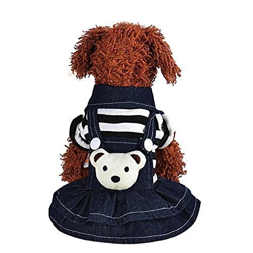 

pet apparel, denim dog polo skirts striped puppy doggy jean button closure dress