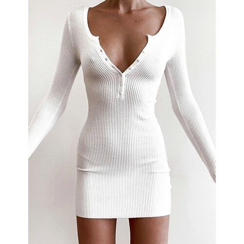 

Women's Sheath Dress White Dress Mini Dress Black White Long Sleeve Pure Color Slim Fall Spring Autumn V Neck Fashion Winter Dress Daily Fall Dress S M L XL