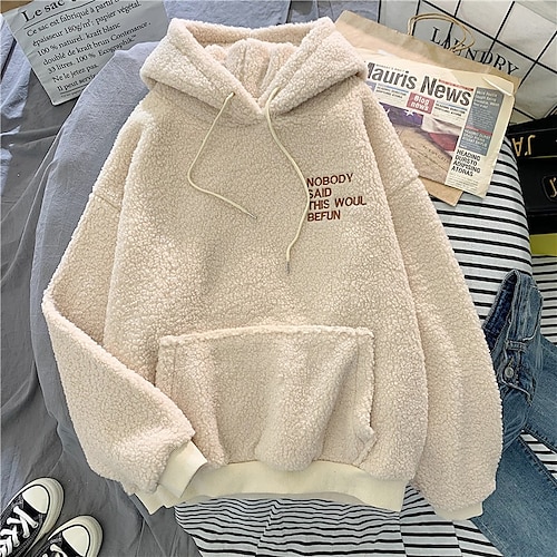 

Women's Hoodie Teddy Coat Pullover Basic Sherpa Fleece Teddy Blue Fuchsia Beige Graphic Letter Text Loose Fit Daily Hooded Long Sleeve Fleece M L XL XXL