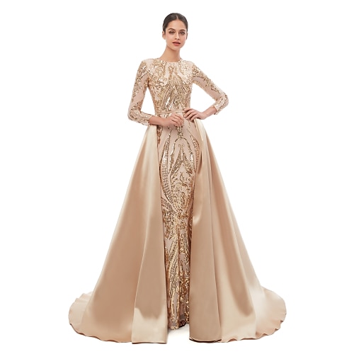 

Mermaid / Trumpet Elegant Vintage Prom Formal Evening Dress Jewel Neck Long Sleeve Detachable Sequined with Sequin 2022