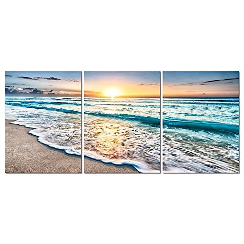 

3 Panels Wall Art Canvas Prints Posters Painting Artwork Picture Blue Sea Sunset White Beach Landscape Modern Home Decoration Décor Rolled Canvas No Frame Unframed Unstretched