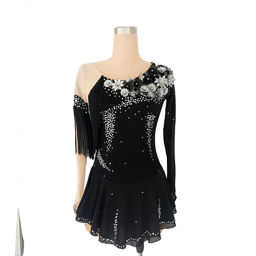 

Figure Skating Dress Women's Girls' Ice Skating Dress Outfits Black Floral Glitter Spandex High Elasticity Competition Skating Wear Handmade Crystal / Rhinestone Long Sleeve Ice Skating Figure Skating