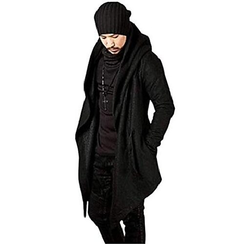 

men's long trench hooded cardigan coat irregular hem open front jackets windbreaker overcoat (m, black)