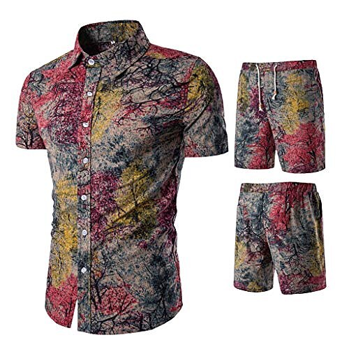 chemises d'été pour hommes ensembles de pantalons mode costume imprimé floral décontracté à manches courtes boutonné tops shorts tenue (rouge, xxxxxl)