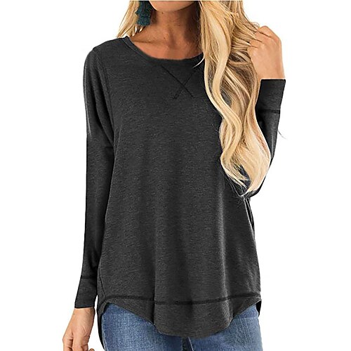 

Women's T-shirt Green Dark Blue Light gray Plain Long Sleeve Basic Casual Round Neck S