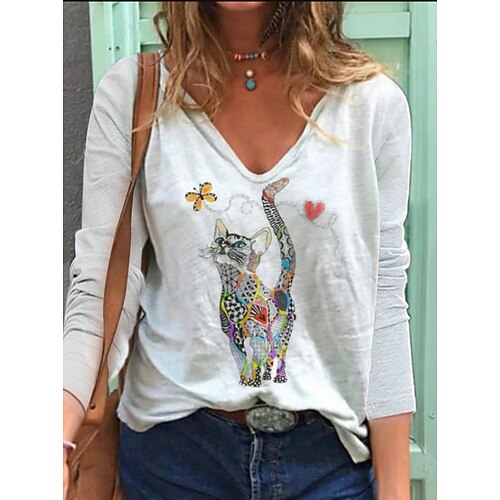 

Women's Daily T shirt Tee Cat Long Sleeve Print V Neck Basic Tops Green White Blue S / 3D Print