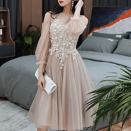 

A-Line Color Block Floral Homecoming Cocktail Party Dress Illusion Neck Long Sleeve Knee Length Tulle with Tassel Appliques 2022