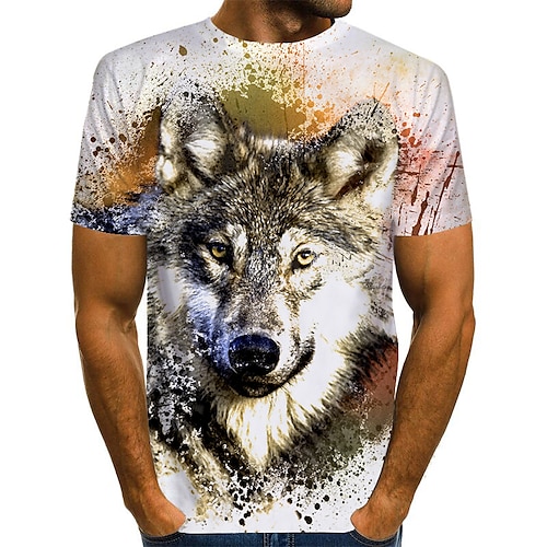 Herren Unisex T Shirt Hemd Graphic Tier Wolf Rundhalsausschnitt Blau Gelb Grau Weiß 3D-Druck Übergröße Täglich Kurzarm Bedruckt Bekleidung Basic Übertrieben Designer Schick & Modern