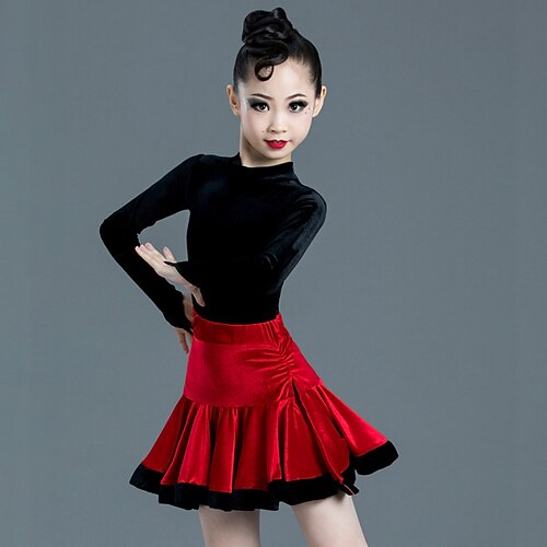 

Latin Dance Skirts Split Side Draping Ruching Girls' Training Performance Long Sleeve Velvet