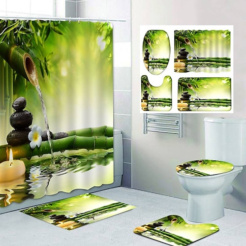 

Bamboo and Flowing Water Pattern Printing Bathroom Shower Curtain Set Include Bathtub Curtain and Mats 4pcs