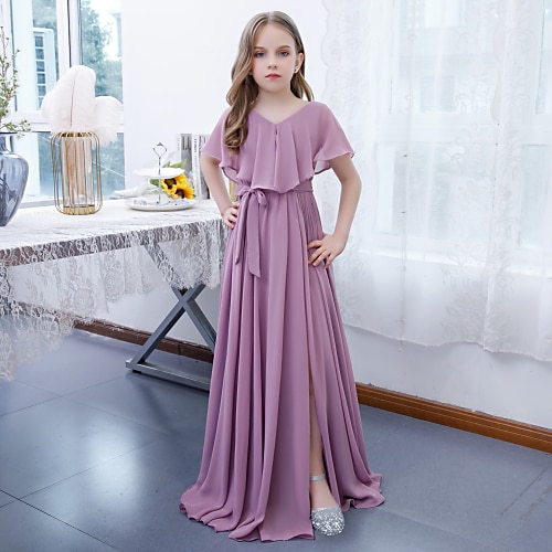 

A-Line Floor Length Jewel Neck Chiffon Junior Bridesmaid Dresses&Gowns With Sash / Ribbon Wedding Party Dresses 4-16 Year