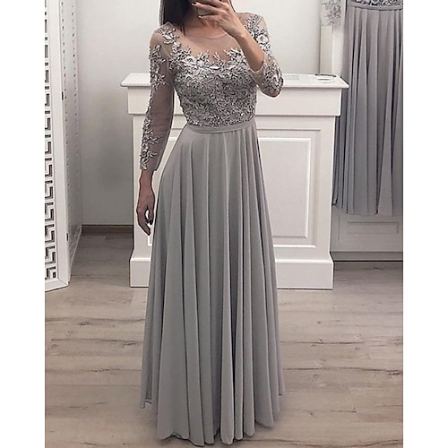 

A-Line Elegant Floral Engagement Formal Evening Dress Illusion Neck Long Sleeve Floor Length Chiffon with Pleats Appliques 2022