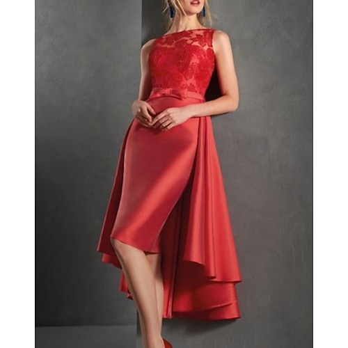 

A-Line Luxurious Sexy Wedding Guest Cocktail Party Valentine's Day Dress Illusion Neck Sleeveless Detachable Satin with Bow(s) Pleats Overskirt 2022