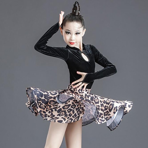 

Latin Dance Skirts Pattern / Print Side Draping Ruching Girls' Training Performance Long Sleeve Velvet Polyester