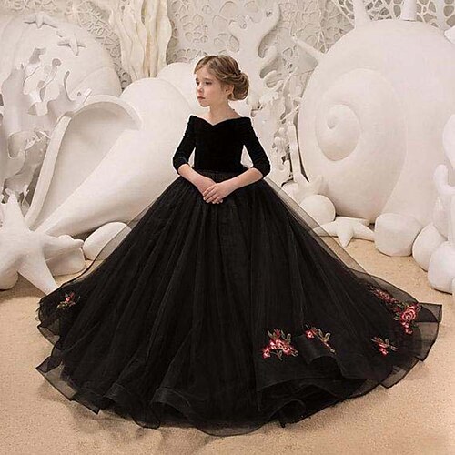 

Wedding Party Princess Flower Girl Dresses V Neck Sweep / Brush Train Lace Organza Winter Fall with Pleats Appliques Cute Girls' Party Dress Fit 3-16 Years